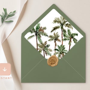 May include: A green envelope with a white liner featuring a watercolor illustration of palm trees. The envelope has a gold wax seal.