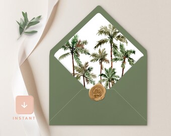 Palm Tree Envelope Liner Template, Sage Tropical A6 and A7 Euro flap & Square Flap, Printable DIY Destination Beach Wedding Envelope Liners