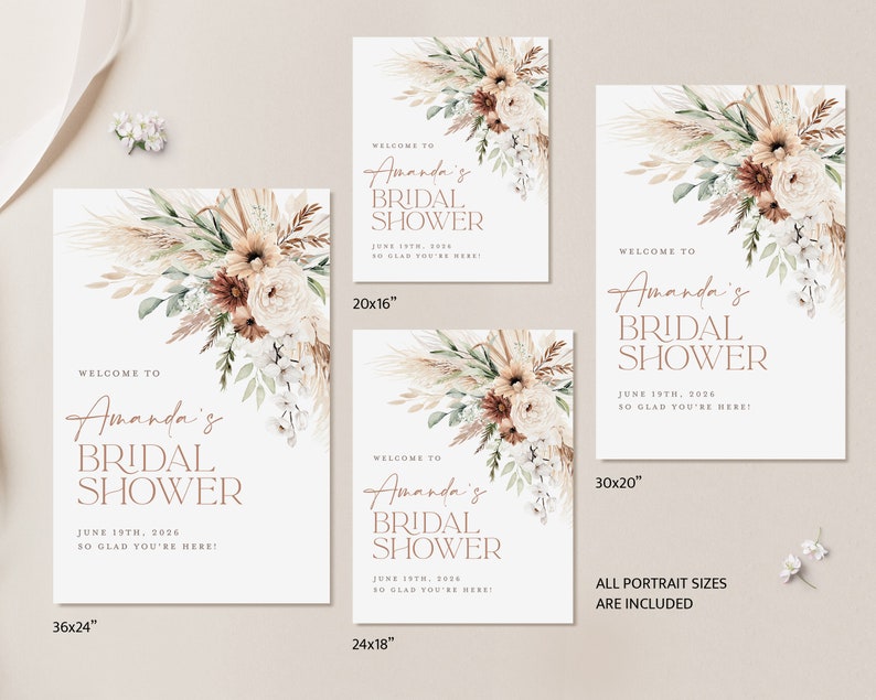 Op de afbeelding: Een set welkomstborden voor een bruidsdouche, met bloemstukken in neutrale tinten. De borden tonen de tekst "Welcome to Amanda's Bridal Shower, June 19th, 2026, So Glad You're Here!" in een stijlvol lettertype. Maten: 91x61cm, 51x41cm, 76x51cm, en 61x46cm.