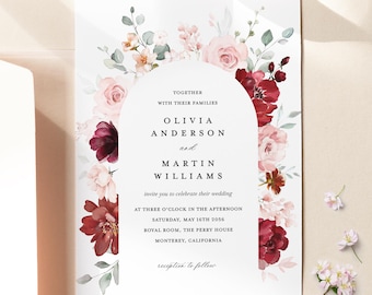 Burgundy Blush Wedding Invitation Template, Maroon Blush Arch Wedding Invite, Marsala Floral Editable Invitation, Red Printable Invite