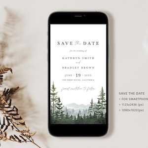 Elektronischer Berg Save The Date Vorlage, Evite Save The Date, Woodland Rust iPhone Einladung, digitales Smartphone bearbeitbar einladen