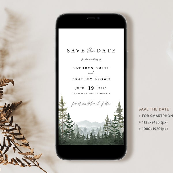 Electronic Mountain Save The Date Template, Evite Save The Date, Woodland Forest Rust iphone Invitation, Digital Smartphone Editable Invite