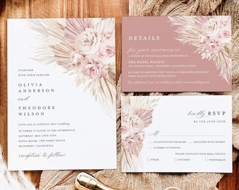Blush Pink Wedding Invitation Template Set, Boho Floral Wedding Invite Suite, Dusty Rose Pampas Details, Printable Elegant RSVP, Download