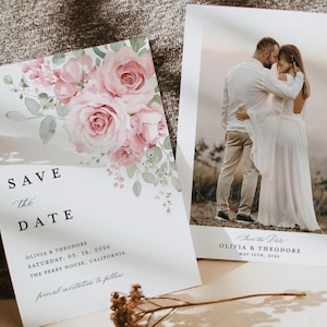 Blush Rosa Save the Date Karten Vorlage, Foto Salbei Hochzeit Blumenschmuck, Elegante Boho Greenery Rose Save the Date Karten, Download