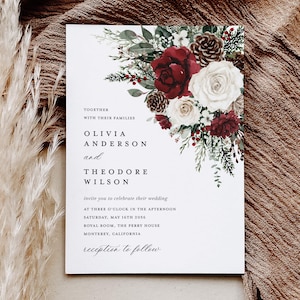 Winter Christmas Wedding Invitation Template, Burgundy Floral Wedding Invites, Boho Rustic Forest Pine Rose Printable Wedding Card, Download