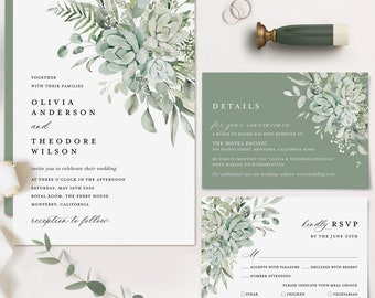Sage Green Wedding Invitation Template Set, Boho Greenery Wedding Invites Suite, Botanical Succulents Eucalyptus Elegant Rust Details, RSVP