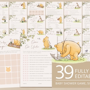 Classic Winnie The Pooh Baby Shower Games Bundle, Printable Editable Bear Gender Neutral Baby Shower Game Template, Instant Download