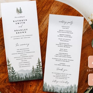 Modello di programmi di matrimonio in montagna, programma di cerimonia Pino della foresta boschiva, itinerario verde salvia rustico, stampabile, download istantaneo