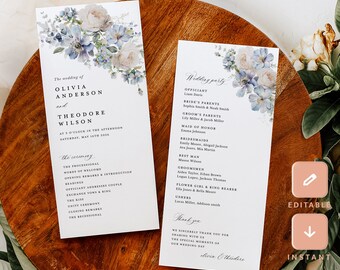 Dusty Blue Ivory Hochzeitsprogramme Vorlage Zeremonie Blumenprogramm, Boho Garten eleganten hellblauen Reiseplan, sofortiger Download