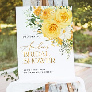 Plantilla de letrero de bienvenida para despedida de soltera con flores amarillas, letrero de brunch nupcial con flores silvestres de rosas, letrero grande de color amarillo salvia bohemio imprimible, descarga