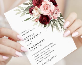 Plantilla de invitación de boda rosa borgoña, invitaciones de boda bohemias en tonos granate y rosa, invitación floral en tonos salvia y marsala, invitación roja imprimible.