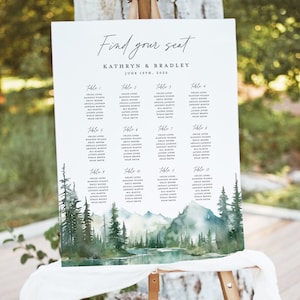 Modello di cartello per tabella dei posti a sedere per matrimonio in montagna, cartello per tabella dei posti a sedere per grandi ospiti della foresta del lago, bosco, tavolo rustico stampabile