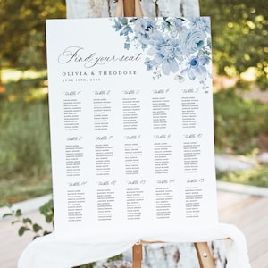 Stoffige blauwe bruiloft zitplaatsen grafiek sjabloon, afdrukbare grote gast zitplaatsen grafiek bord, bewerkbare moderne bloemen tafel zitplaatsen, Livia