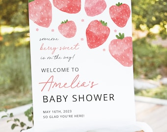 Strawberry Baby Shower Welcome Sign Template, Berry Sweet Printable Baby Shower Sign, Blush Pink Red Gender Neutral Welcome poster, Download