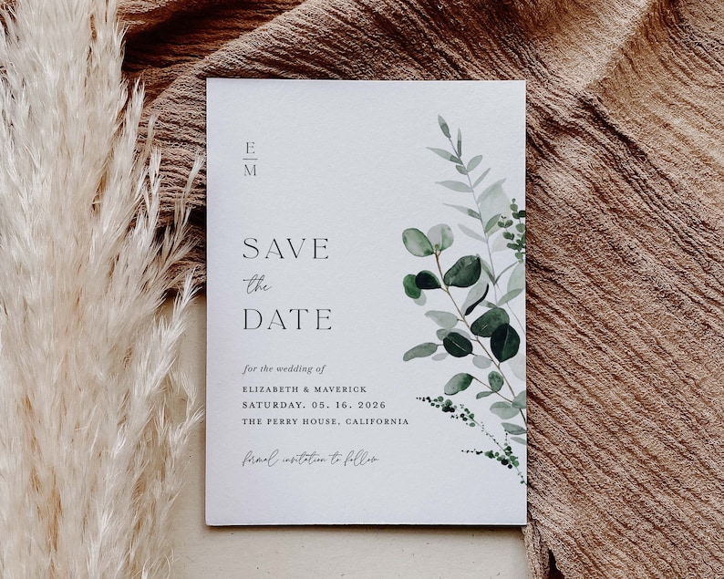 Sage Green Save The Date Template, Minimal Photo Wedding Save The Dates, Printable Greenery Rustic Botanical Save The Date Cards, Download image 2