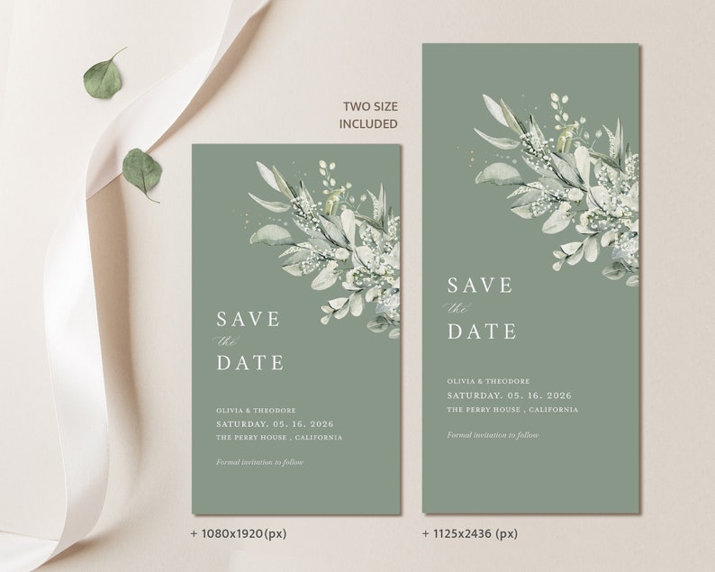 Electronic Save The Date Wedding Invitation Template, Sage Green Evite Save The Date, Eucalyptus iPhone Invite, Digital Invite, Ecard, Cloe image 3