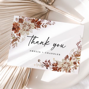 Modèle de carte de remerciement pour mariage en terre cuite, mot de remerciement automne verdure rustique, marque de table de remerciement floral beige élégant, téléchargement