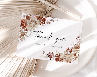 Terracotta Wedding Thank You Card Template, Fall Rustic Greenery Thank You Note, Elegant Beige Floral Thank You Table Place Card, Download