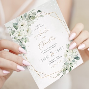 Geometric White Floral Wedding Invitation Template, Gold and White Wedding Invite Card, Elegant Sage Green Invitations, Printable, Elena zdjęcie 1