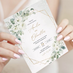 Geometrische Weiß Blumen Hochzeitseinladung Vorlage, Gold und Weiße Hochzeit Einladen Karte, Elegante Salbei Grüne Einladungen, Printable, Elena