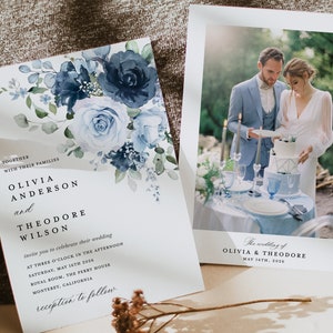 Dusty Blue Navy Wedding Invitation Template Set, Floral Boho Wedding Invites Suite, Elegant Garden Steel Light Blue Rose Details RSVP image 4