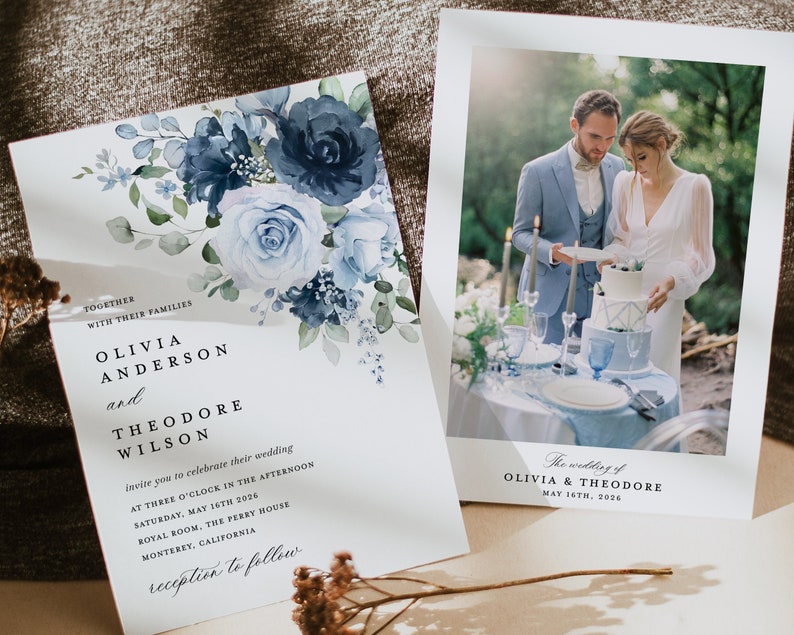 Dusty Blue Navy Wedding Invitation Template Set, Floral Boho Wedding Invites Suite, Elegant Garden Steel Light Blue Rose Details RSVP image 4