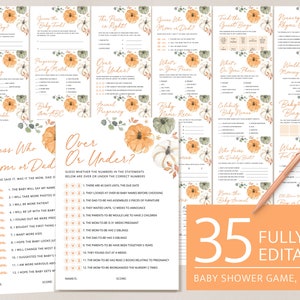 Baby Shower Games, Printable Little Pumpkin Baby Shower, Editable Fall Rustic Neutral Baby Shower Game Template, Games Pack, Download