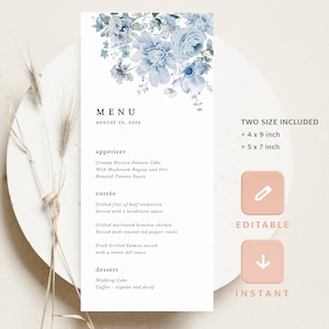 Modelo de menu de casamento minimalista Dusty Blue, cartões de menu de recepção modernos em azul de aço floral, menu de jantar elegante em azul claro, download, Livia
