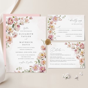 Conjunto de modelos de convite de casamento rosa blush, suíte de convites de casamento Boho floral, cartão elegante com detalhes do jardim de rosas, RSVP para impressão, download