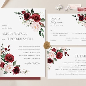 Modèle de faire-part de mariage bohème bordeaux blush, ensemble d'invitation de mariage bordeaux blush, carte Marsala Floral élégant détails, RSVP imprimable rouge