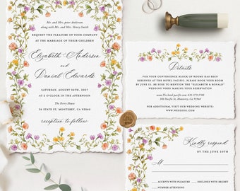 Classic Floral Wedding Invitation Template Set, Colorful Elegant Wedding Invite Suite, Printable Wildflower Sage Greenery Details RSVP Card