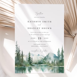 Plantilla de invitación de boda en la montaña, invitaciones de boda con lago, bosque, pinos, tarjeta de boda rústica verde salvia imprimible, descarga instantánea