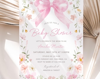 Modello di invito per baby shower con fiocco rosa, inviti per baby shower floreali, invito stampabile per baby shower con fiocco rosa cipria, download immediato