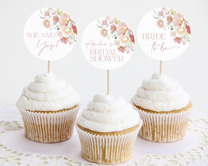 Editable Bridal Shower Cupcake Toppers Blush Floral Bridal Etsy