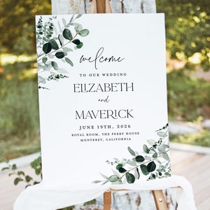 Modello di cartello di benvenuto per matrimonio Sage Greenery, cartello botanico modificabile, cartello decorativo moderno per ricevimento foresta rustica, segnaletica di grandi dimensioni stampabile