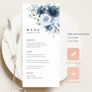 Modelo de cartões de menu de casamento azul marinho empoeirado, menu de recepção floral, menu de jantar boho elegante elegante de aço azul rosa para impressão, download