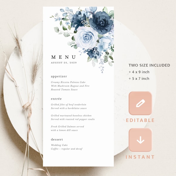 Dusty Blue Navy Wedding Menu Cards Template, Floral Reception Menu, Printable Boho Elegant Light Steel Blue Rose Dinner Menu, Download