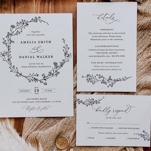 Minimalist Wedding Invitation Template Set, Suite, Customizable Botanical Invite, Handwritten Elegant Details, Gifts Card, Printable RSVP