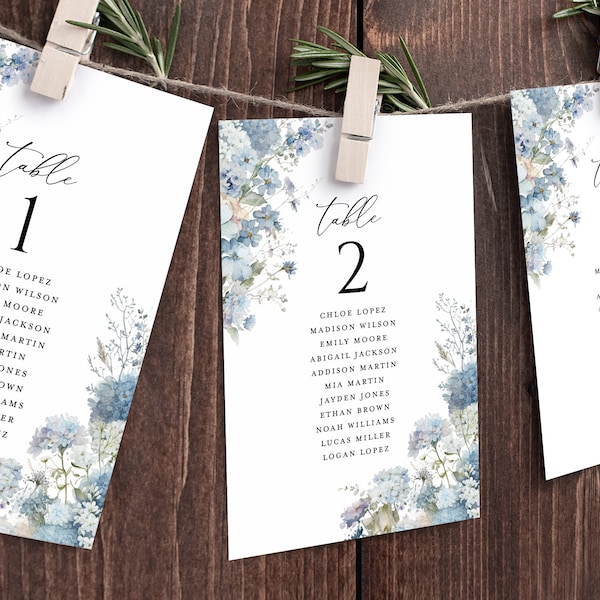 Dusty Blue Wedding Seating Chart Card Template, Boho Floral Table Numbers, Editable Elegant Garden Hanging Guest Seating Board, Download