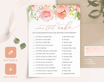 Editable Bridal Shower Games Name That Cake Virtual Bachelorette Wedding Blush Pink Rose Gold Floral Printable Templates Instant Download