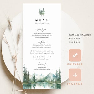 Szablon menu weselnego w górach, karty menu weselnego Lake Woodland Forest Pine, rustykalne menu kolacji Sage Green, do wydrukowania, natychmiastowe pobranie