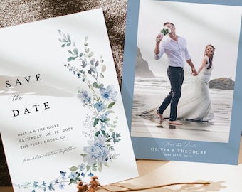 Dusty Blue Save The Date Cards Template, Photo Wildflower Light Blue Wedding Save The Dates, Elegant Boho Floral Save The Date, Download