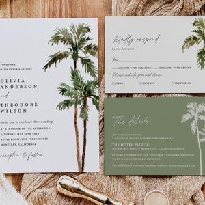 Palm Tree Wedding Invitation Template Set, Destination Beach Tropical Wedding Invite Suite, Boho Sage Details Card, Printable RSVP, Download image 8