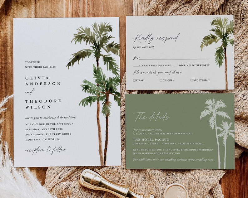 Palm Tree Wedding Invitation Template Set, Destination Beach Tropical Wedding Invite Suite, Boho Sage Details Card, Printable RSVP, Download image 8