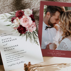 Burgundy Wedding Invitation Template, Boho Blush Pink Rose Wedding Invite Suite, Sage Marsala Floral Details Card, Printable RSVP, Download image 3