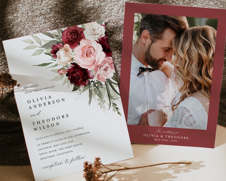 Burgundy Wedding Invitation Template, Boho Blush Pink Rose Wedding Invite Suite, Sage Marsala Floral Details Card, Printable RSVP, Download image 3