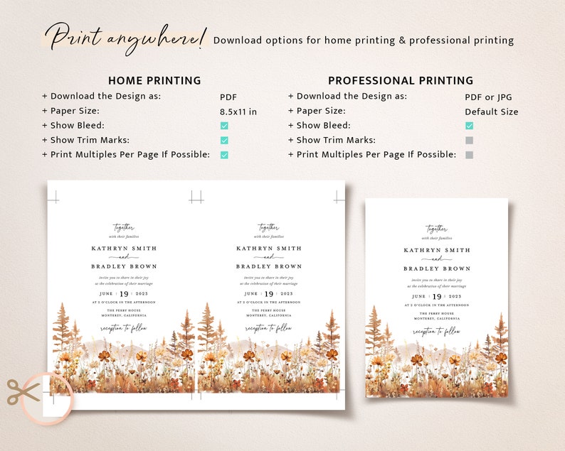 Fall Mountain Wedding Invitation Template Set, Wildflower Terracotta Forest Wedding Invite Suite, Rustic Details Card, RSVP, Download image 8