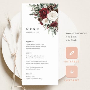 Modèle de cartes de menu de mariage hiver Noël, menu de réception bordeaux, menu du dîner imprimable Boho rustique forêt floral rose, téléchargement