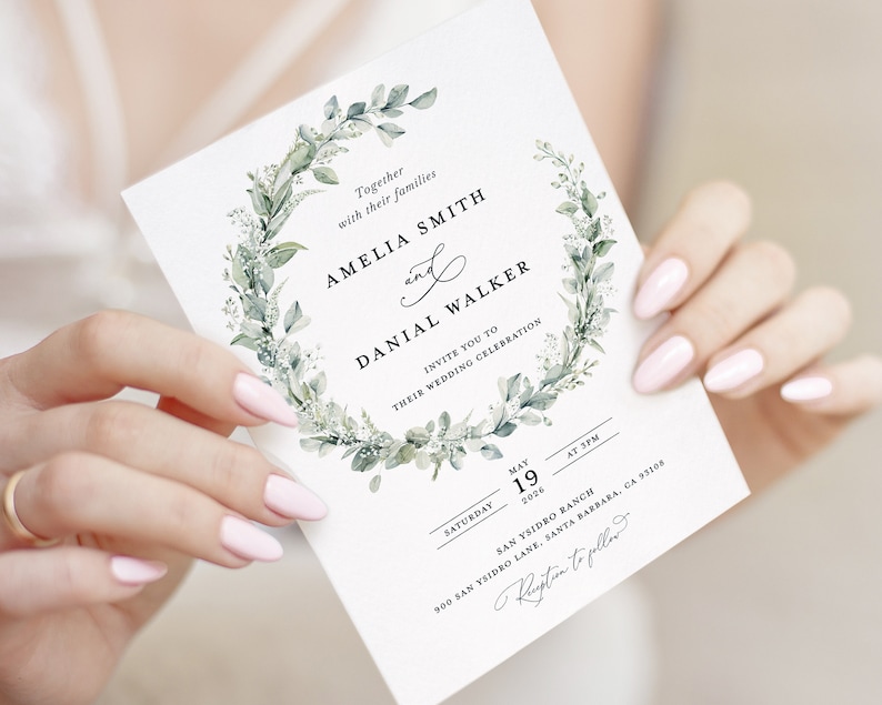 Sage Boho Wedding Invitation Template, Greenery Wedding Invite Set, Elegant Eucalyptus Minimalist Editable Details Card, Printable RSVP image 9