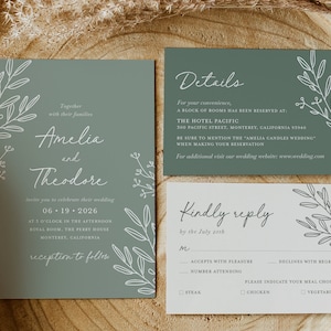 Ensemble de modèles de faire-part de mariage minimaliste sauge, suite d'invitations de mariage botanique, carte de détails de verdure élégante, RSVP imprimable, téléchargement